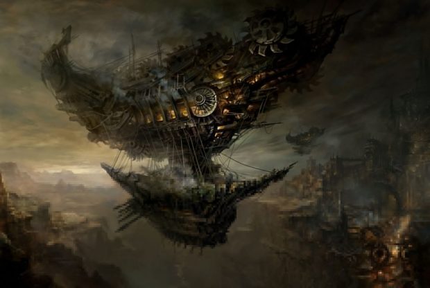 Steampunk fantasy cities art ships boat vehicles.