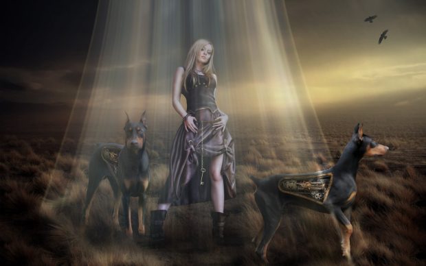 Technics Dogs Doberman Pinscher Rays of light Robot Fantasy Girls sci fi cyborg cyborgs robots steampunk 1920x1200.