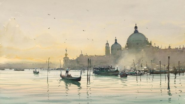 Watercolor city venice italy morning boat ultra backgrounds.