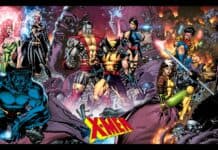 X-Men comic book characters team in action with vibrant background.