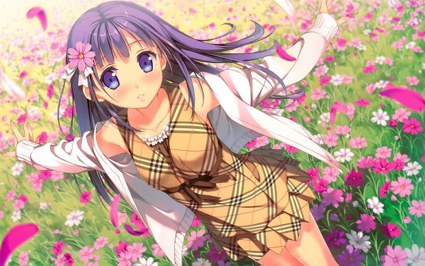 Anime Girl Burbury Dress in Garden Wallpapers.