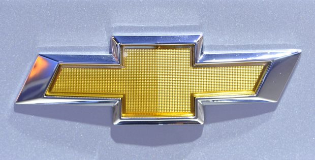 The logo for Chevrolet on display at the Chicago Auto Show