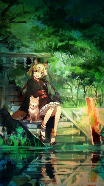 Girl And Dog Green Nature Anime Art Illust iPhone 6 plus wallpaper.