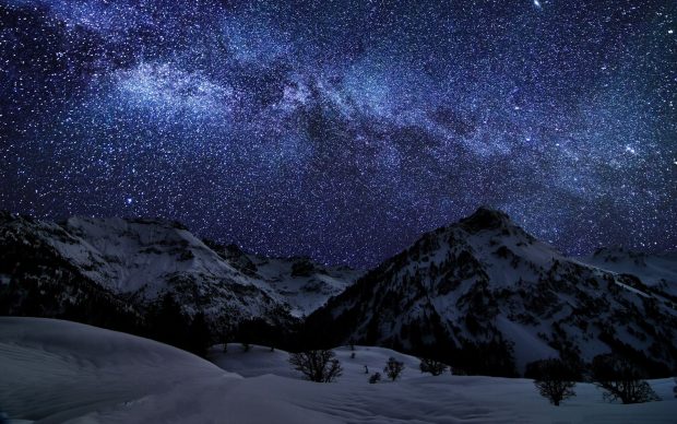 Landscapes mountains snow skies stars starry night nature.