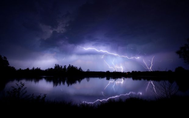 Lightning striking the lakeside night storm nature hd wallpapers.