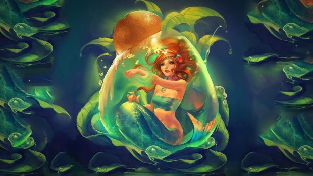 Mermaid in an orange bubble 1920x1080 fantasy wallpaper.
