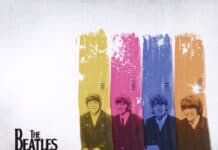 Colorful Beatles band illustration, four members with rainbow-colored paint streaks, Paul, Ringo, John, George, vintage style artwork, iconic music band, 1960s pop culture, musical group portrait.