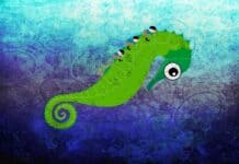 Colorful animated chameleon with tiny climbers on its back, blending into a textured vibrant background.
