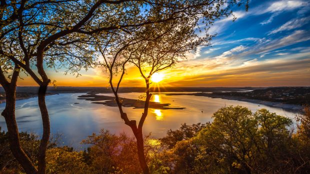 Sunset reflecting in the lake water sky cloud tree nature 3840x2160 wallpapers.