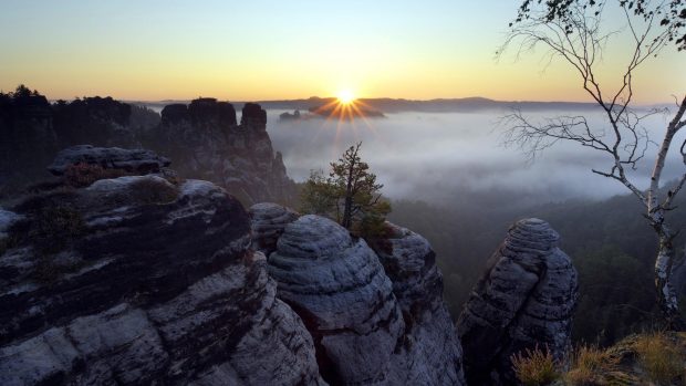 Sunsets sunrise cliffs mist forest earth sunset hd background.