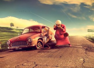 3D Cartoon Wallpaper Funny Stoped Car.