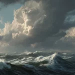 A detailed Widescreen depiction of the vast ocean horizon with crashing waves and a dramatic cloudy sky above (2).