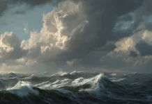 A detailed Widescreen depiction of the vast ocean horizon with crashing waves and a dramatic cloudy sky above (2).