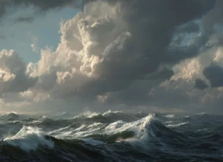 A detailed Widescreen depiction of the vast ocean horizon with crashing waves and a dramatic cloudy sky above (2).