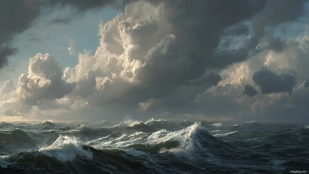 A detailed Widescreen depiction of the vast ocean horizon with crashing waves and a dramatic cloudy sky above.