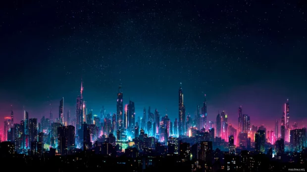 A panoramic Widescreen capture of a futuristic city skyline glowing under a starry night sky with vibrant neon lights.