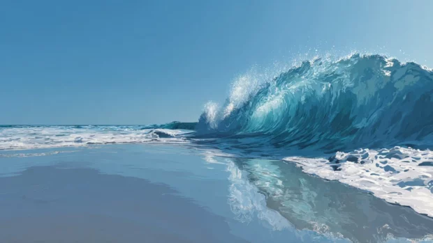 Crisp ocean wave captured in ultra hd widescreen landscape view with reflective surface and clear sky flat illustration.