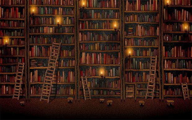 Desktop wallpaper books bookshelf old ladder book library vintage cartoon.