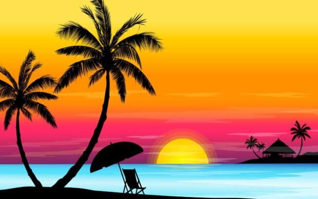 Tropical sunset over a pool with palm trees and a thatched hut, reflecting vibrant orange and blue sky, creating a serene island paradise scene.