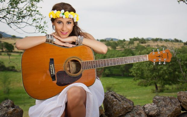 Girl guitar music background country singer photo field.