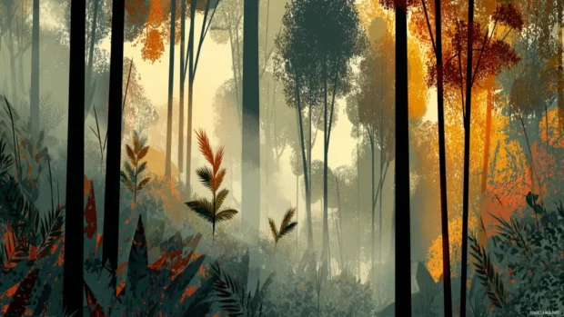Golden hour light filtering through dense forest in nature widescreen wallpaper style with layered foliage and gentle mist flat illustration.