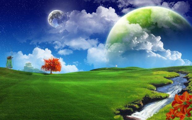 Green Planet Over Windmill Wallpaper.