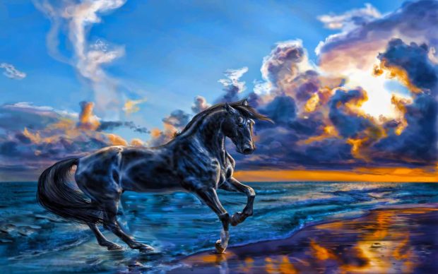 Horse nature sea sky wallpapers beauty beach mighty animals beautiful.