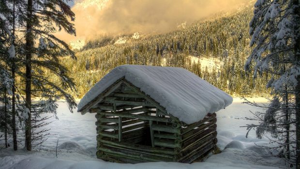 Log Cabin Snow Background.