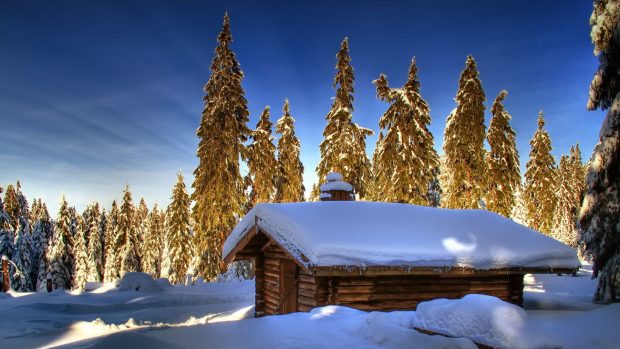 Lovely Log Cabin In Winter HD Desktop Background