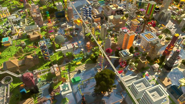 Minecraft City Houses Sunlight Trees 2560 x 1440 Image.