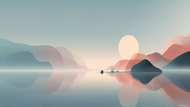 Minimalist geometric shapes overlaying calm lake in widescreen abstract wallpaper composition with muted pastels flat illustration.