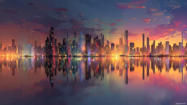 Modern city skyline reflected on water in best widescreen backgrounds style with glowing lights and evening sky flat illustration.