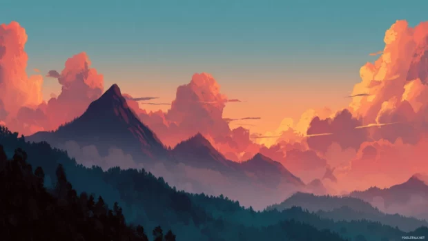 Mountain range at sunset with cinematic widescreen background blending warm hues and soft clouds flat illustration.