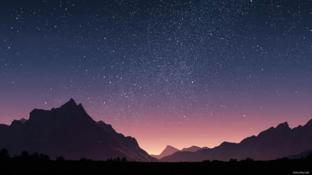 Night sky full of stars stretching across a mountainous silhouette in ultra hd widescreen landscape style flat illustration.