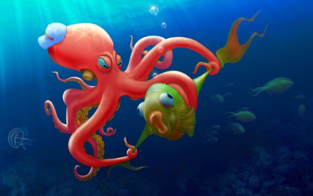 Red Octopus Art Background.