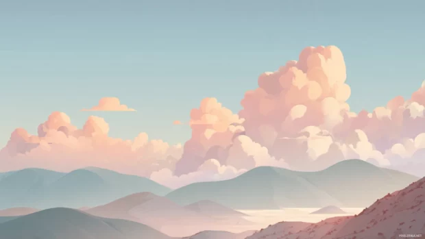 Soft pastel clouds drifting above smooth hills in full hd widescreen wallpaper framed for desktop flat illustration.