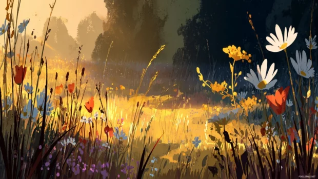 Sunlit meadow with wildflowers under cinematic widescreen background golden light and long shadows flat illustration.