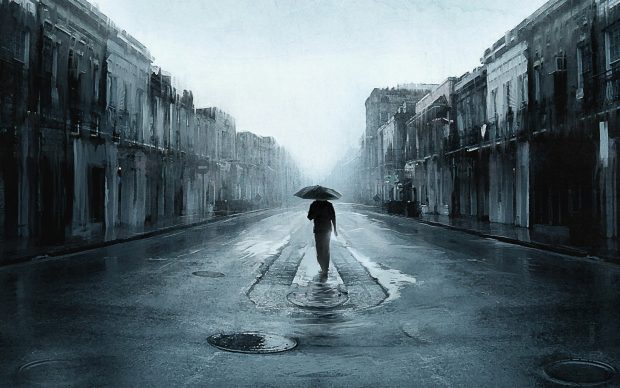 Wallpapers digital art pictures street artwork lonely man umbrella walking.