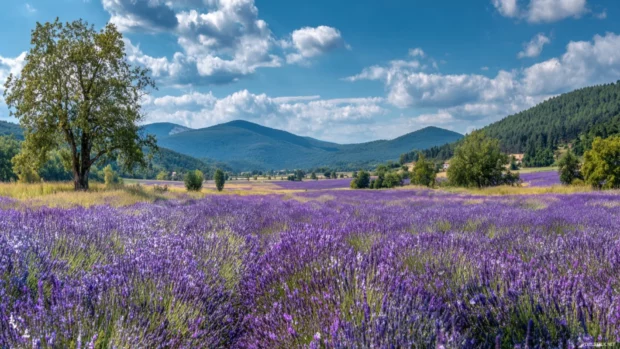 Widescreen presentation of a blooming lavender field under a bright blue sky with distant hills creating a peaceful depth.