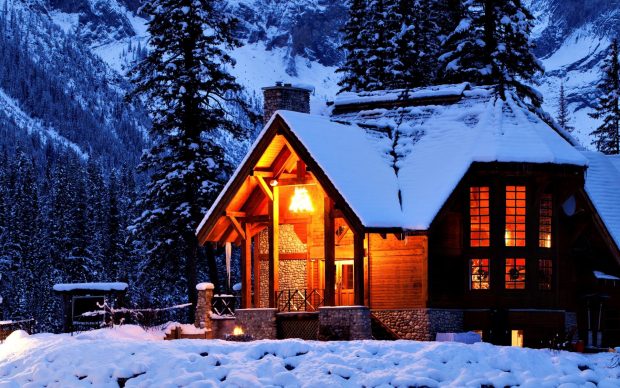 Winter Log Cabin Image.