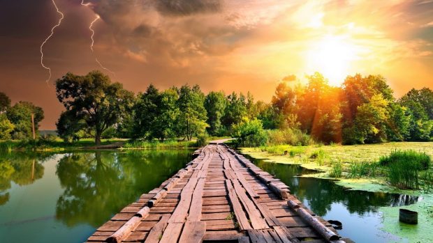 Wooden Bridge Lightning Storm Sunset Lake Wallpaper.