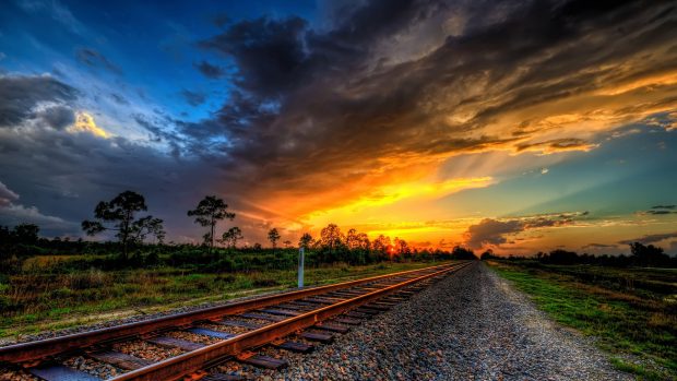 Wonderful Sunset On Train Tracks Hdr HD Desktop Background