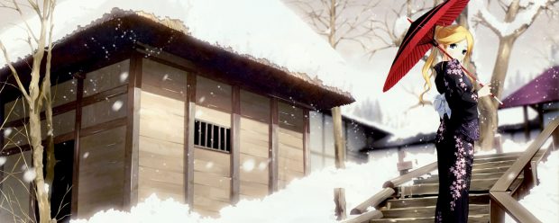 Anime geisha kimono winter walk 2560x1024.