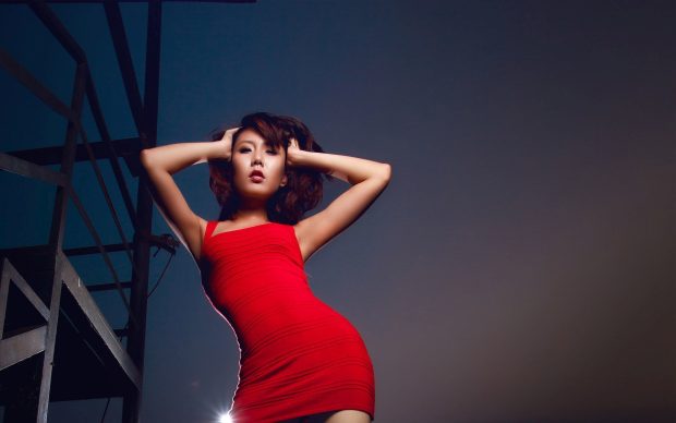 Asian Girls in A Red Dress Picture.