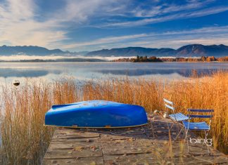 Blue rowboat Lake Staffelsee Bavaria Germany.