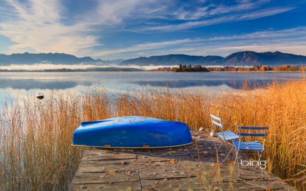 Blue rowboat Lake Staffelsee Bavaria Germany.