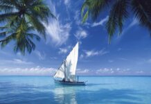Sailing boat on calm aqua ocean under blue sky with white clouds, surrounded by palm trees on tropical island coast.