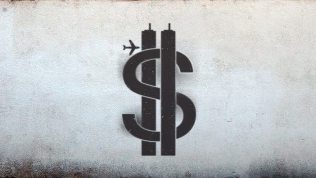 Capitalism dollar sign graffiti twin towers.