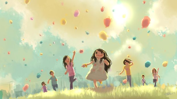 Children jump run grass holiday balloons 1920x1080.