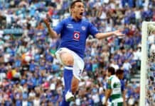 Dynamic soccer player celebrating a goal on the field.